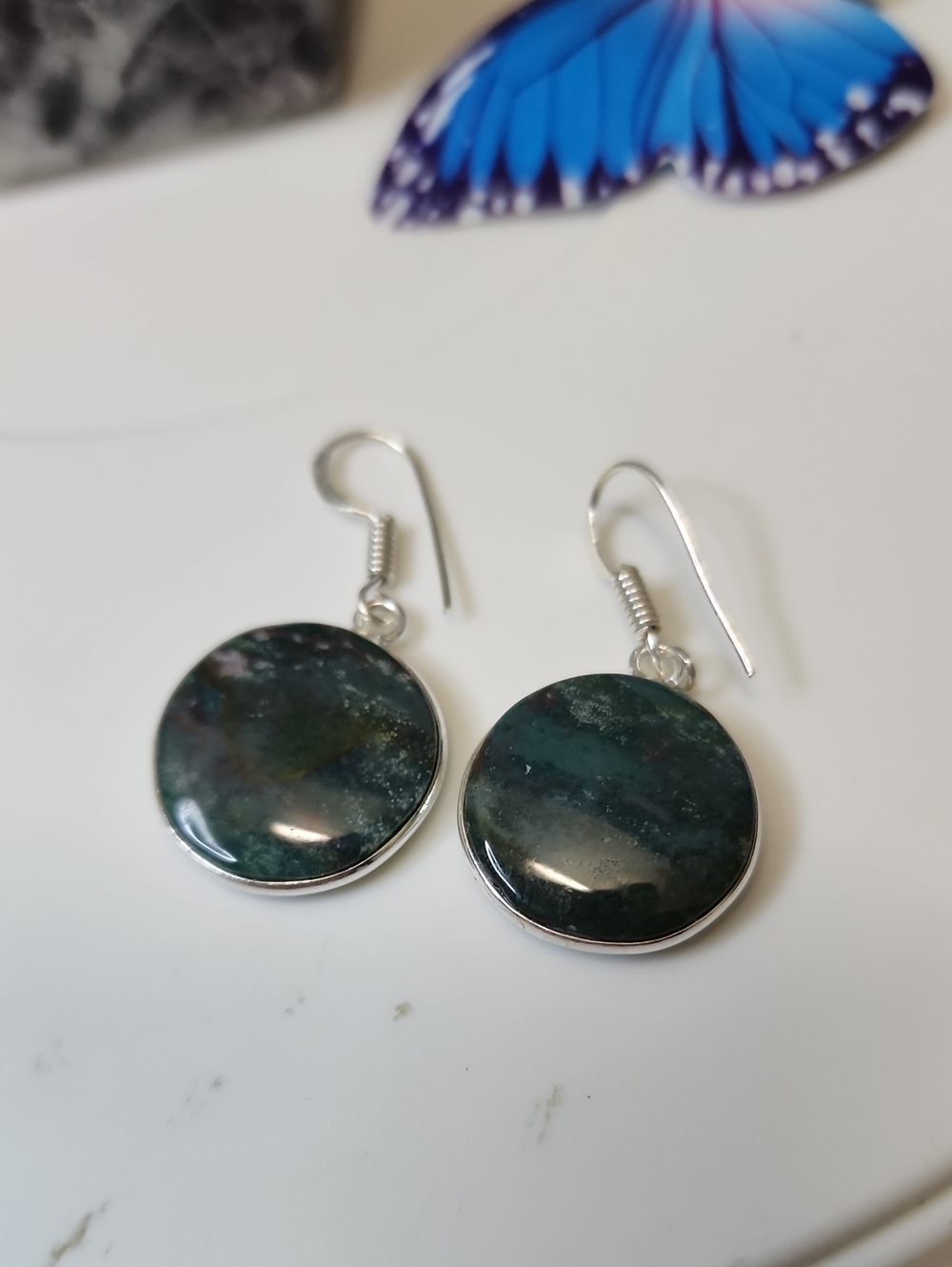 Dark Green Round Stone Drop Earrings - Unbranded